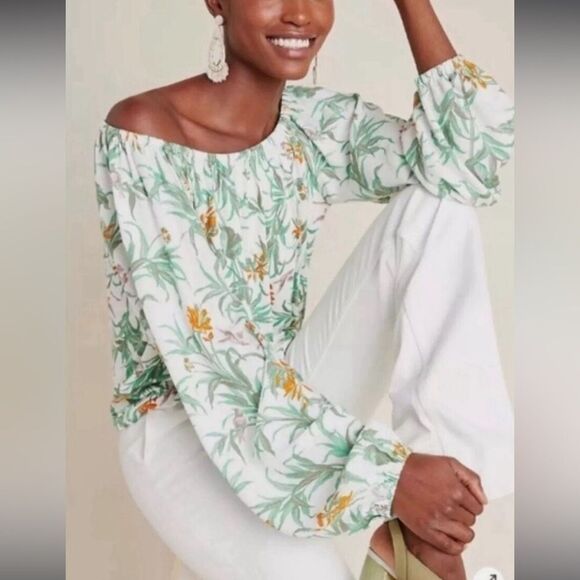 ANTHROPOLOGIE Cascais Tropical Floral Bird Off The Shoulder Puff Sleeve Top XS - Picture 1 of 12